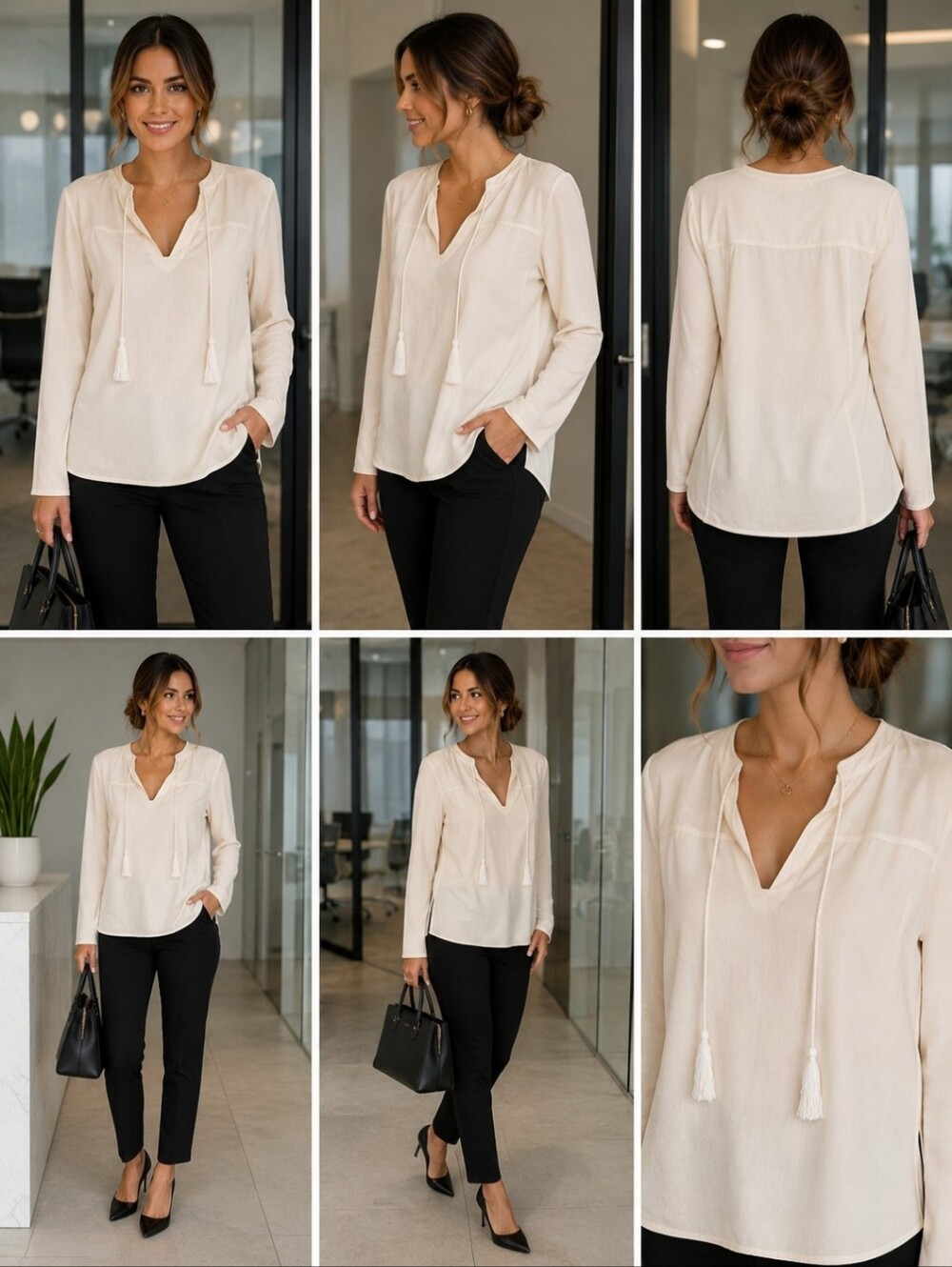 Vince XS Relaxed Ivory Wool Blend Tassel Tie Neck Long Sleeve Tunic Blouse Luxe